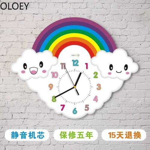 Cartoon Kids Large Wall Clock Rainbow 3d Kindergarten Cute Clocks Bedroom Silent Childrems Room Reloj De Pared Home Decor Clock
