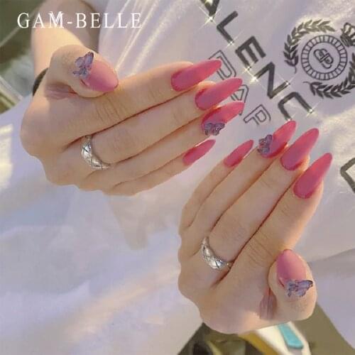 GAM-BELLE 24Pcs Full Cover Rose Red False Nails Long Ellipse Fake Press On Nails With 3D Designs DIY Manicure Nail Art Tools