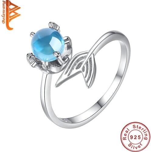 Wholesale 10PCS 925 Sterling Silver Finger Ring with Blue Stone Mermaid Tail Adjustable Rings for Women Fine Jewelry