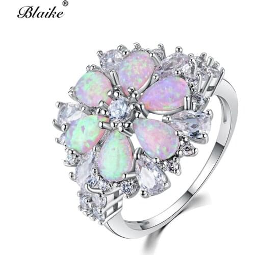 Blaike Luxury Full Stone Pink Fire Opal Flower Rings For Women 925 Sterling Silver Water Drop Zircon Birthstone Fine Jewelry