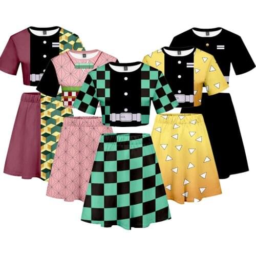 Demon Slayer T-shirt and Skirt Suits Kimetsu no Yaiba Woman Exposed Navel Outfit Costume Kamado Nezuko Skirts Kochou Shinobu