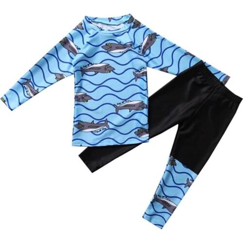 Boys Two Piece Swimsuits Swimwear Bathing Suit Shark Patteern Long Sleeve + Trousers Swimming Kids Sport Baby Beachwear