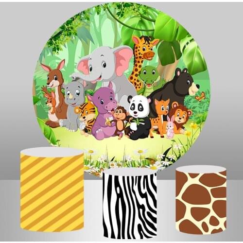 Cartoon Animals Baby Shower 1st Birthday Round Circle Background Forest Jungle Safari Party Decor Dessert Table Cover Backdrop