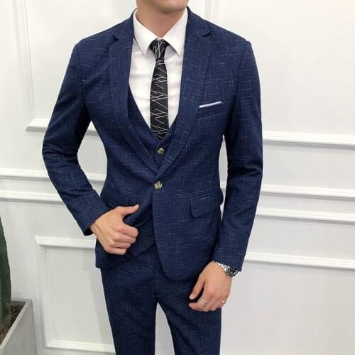3 Pieces Suits Wedding Dress Suits For Man Blazers Jackets+Pants+Vest Men Good Quality Blue Plaid Suits Male Formal Wear Suits