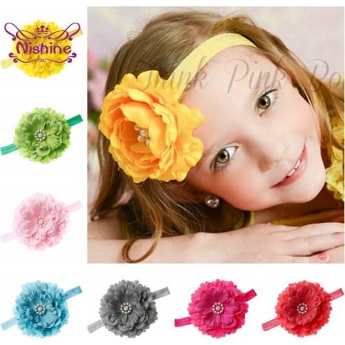 Nishine 12 CM Multistorey Simulation Flower Headband with Pearls Rhinestone Elastic Children Hairband Infant Headwear 18 Colors