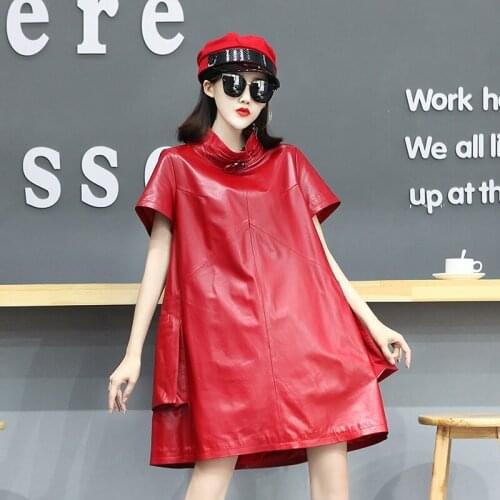 2021 New Real Leather Dress Spring Autumn Sheepskin Dresses Bodycon Dress Red Short Sleeve Streetwear Women Clothing WPY2270