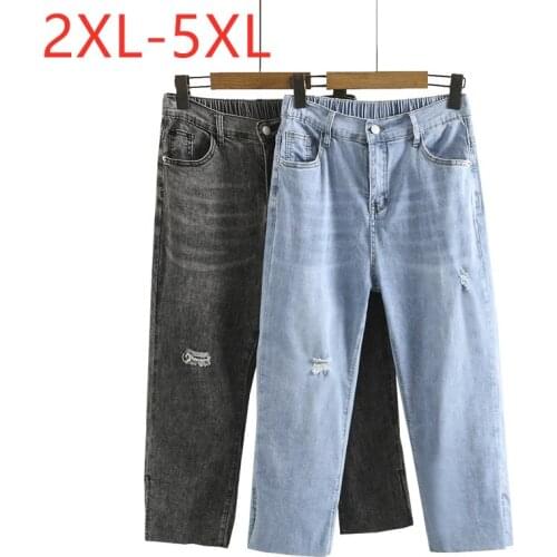 New 2021 Ladies Summer Plus Size Jeans For Women Large Slim Elastic Hole Cotton Pocket Denim Cropped Trousers 2XL 3XL 4XL 5XL