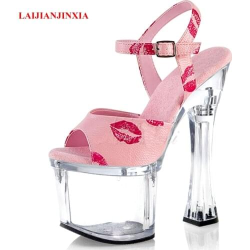 LAIJIANJINXIA New Crystal Platform Spool Heels Big Size Sandals 18 Cm Nightclub Queen Stripper 7 inches Super High Heeled Shoes
