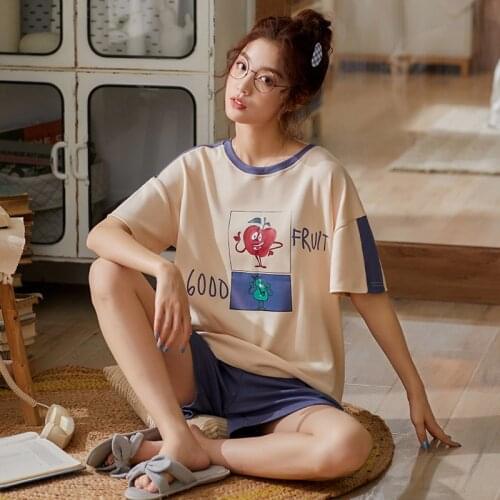 Sleepwear Female Pijamas Mujer Home Clothes 2021 Women Pajamas Set Soft Nightwear Summer Short Sleeve Pyjamas Cartoon Print