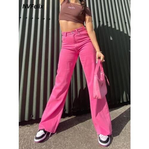 Solid Color Full Length Wide Leg Jeans Straight Loose Denim Pants High Waist Five Pocket Jeans Streetwear Fashion Femme Trousers