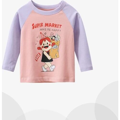 Girls Autumn Long-Sleeved Tops Casual Cute Cartoon Pattern Color Matching Childrens Home Service 2-8 Years Old