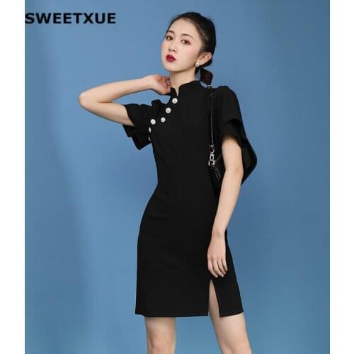 SWEETXUE 2020 New Modern Black Cheongsam Women Dress Bell Sleeve Button Decoration Slim Split Elegant party Qipao Dresses Ladies