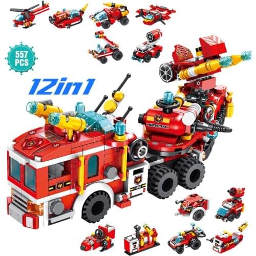 Technical Ideas Fire Rescue Truck Series Building Blocks 12 in 1Fire Truck Mecha Robot Bricks Toys Gift For Children Boys