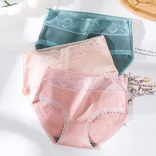 Wasteheart Women Fashion Pink Skin Cotton Mid Waist Panties Lace Underwear Lingerie Seamless Briefs Underpants M L XL Plus Size