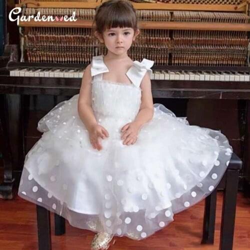 Vintage Polka Dot Layers Flower Girl Dresses Bow Shoulder Girl Pageant Dresses Puffy Nude Collar Baby Communion Dress