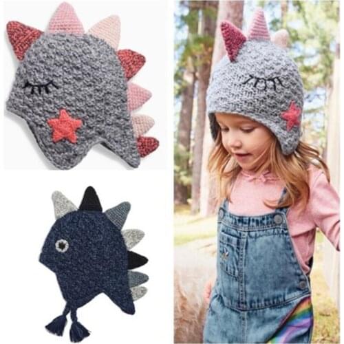 STVY Cute Dinosaur Design Baby Boy Girl Knitted Hat Kids Children Animal Beanie Cap Winter Warm Earflaps Beanies Gift 2 Colors