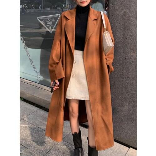 High-End 100% Pure Cashmere Coat Women 2020 New Belt Long Winter Autumn Warm Water Ripple Double-Sided Fashion Woolen Coat