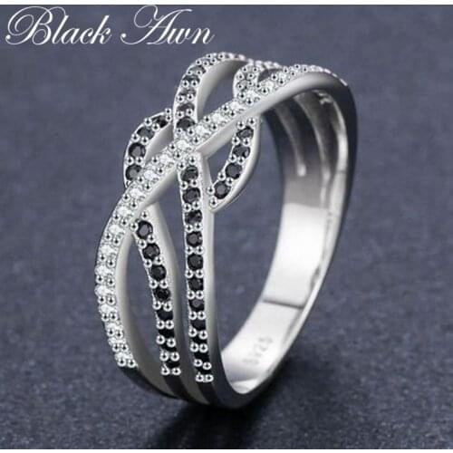 Trendy 2.6g 925 Sterling Silver Fine Jewelry Bague Black Spinel Engagement Rings for Women Girl Party Gift Bijoux C448