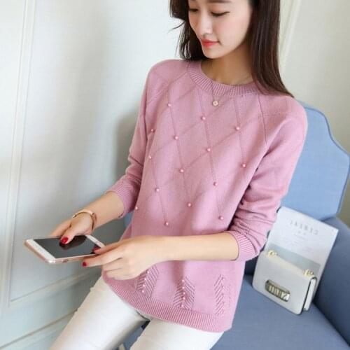 Womens Sweater New 2019 Spring Autumn Solid Long-sleeved Pullovers Casual O-Neck Beading Knitting Sweater Female Jumper 1588