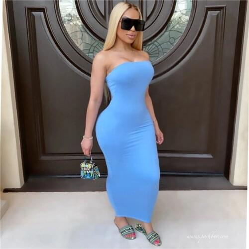 Women Sexy Tube Top Long Dress Sexy Summer Fashion Solid Color Off-Shoulder Skinny Hip