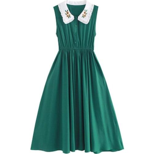 Embroidered sleeveless dress summer new fashion fresh doll collar waist was thin in the long section stitching dress female