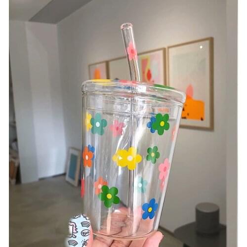 1pc Straw Cups Flower Patter Water Cup Glass Cups Beverage Cup Drinking Cup