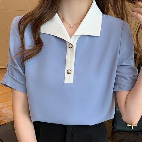 Summer Short Sleeve Blouse Women Turn Down Collar Chiffon Blouse Shirt Women Tops Blusas Mujer De Moda 2021 Blouses Femme E998