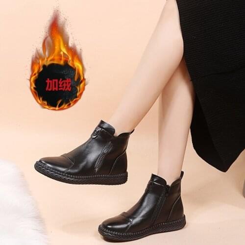 Genuine Leather Shoes Women Boots 2021 Autumn Winter Fashion Handmade Ankle Boots Warm Soft Outdoor Casual Flat Shoes Woman