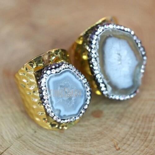 RM7495 10Pcs Designer Gun Metal Rhinestone Pave Pure Gold Color Irregular Shape Ring Druzy Geode Ring For Less Adjustable