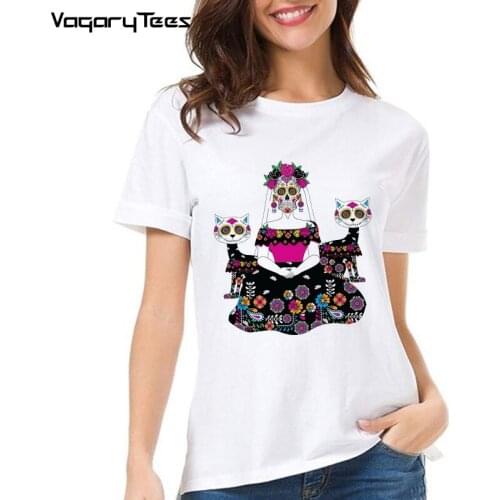Sugar Skull cat Day of the Dead Mexico Skeleton Gift Print White Hip Hop Harajuku Girls Creative T-shirt Fashion Cute Top