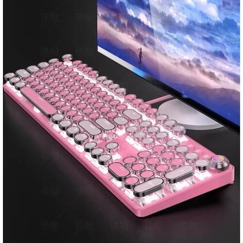 104 Keys Gaming Keyboard Punk Retro Round Keycaps Mechanical Keyboard LED Backlit Lighting Green Switch Gamer Keyboard