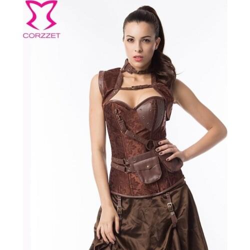 Corzzet Black Brocade& Leather Steel Boned Steampunk Corset Plus Size Burlesque Costumes Armor Bustier Top With Shoulder Bolero