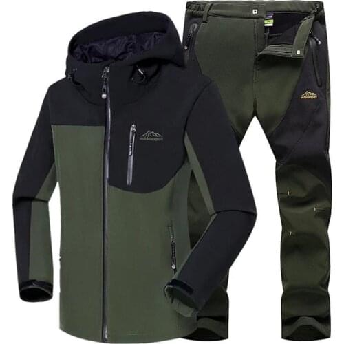 Men Outdoor Hiking Jacket Sets Waterproof Windproof Softshell Windbreaker Fleece Warm Hunting Clothing Military Jackets + Pants