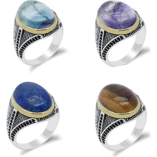 Pure 925 Sterling Silver Rings For Men Natural Tiger Eyes/Lapis/Fluorite Stone Punk Style Fashion Wedding Rings Fine Jewelry