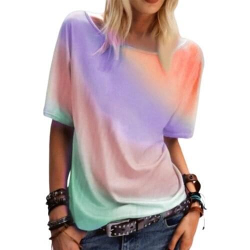 New Stylish Women T-shirt Rainbow Gradient Color O Neck Spandex Loose Casual Top Blouse for Daily Street Wear