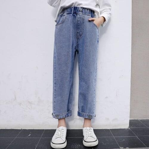 2020 Autumn Winter Child Baby Girls Jeans Pants New Kids Straight Jean Pants For Girls Elastic Waist Denim Pants Trousers W516