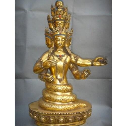 Song voge gem S1951 23" Tibet Tibetan Bronze Gold 5-Heads Snake Naga Kanya Goddess Buddha Statue