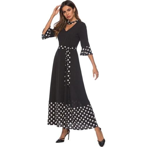 Fashion Women Dot Printed Long Dress Female Sexy V-neck Hanging Neck Lotus Leaf Sleeve Wave Dress Muslim Floor Long Skirt