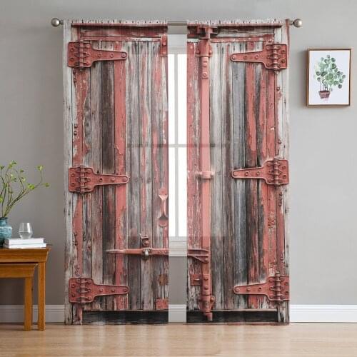 Wooden Door Paint Retro Sheer Curtains for Living Room Bedroom Tulle Window Drapes for Kitchen Decoration