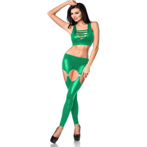 Sexy Erotic Cosplay 2Pcs Set Sleeveless Crop Top +Hollow Out Leggings Metallic Sex Costume Halloween Plus Size Women Clothing