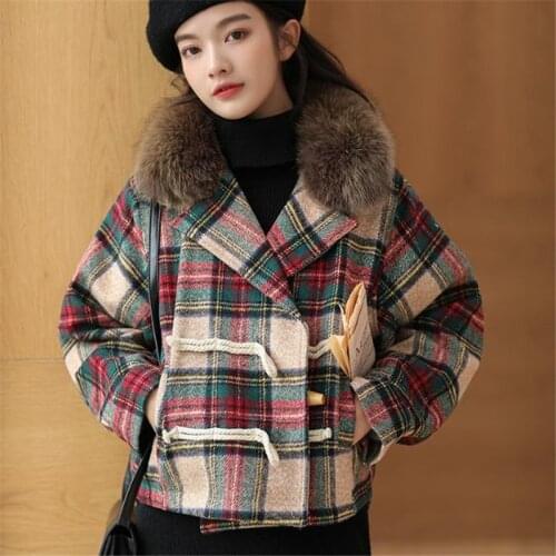 Plus velvet Thick Plaid Wool Jacket Womens Autumn Winter 2021 New Korean Short Loose Fur collar Woolen Outwear Warm Female Coats