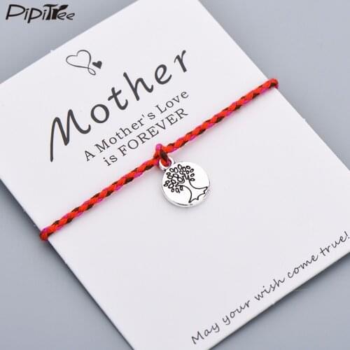 Pipitree Beautiful Life Tree Charm Bracelet Mother Kids' Gift Bohemian Rope Braided Red String Bracelets Women Wish Card Jewelry