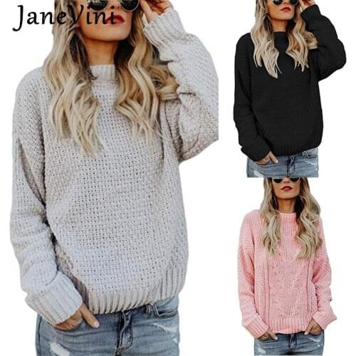 JaneVini Casual Women O Neck Pullovers Sweater Long Sleeve 2021 Elegant Light Gray Female Solid Knitted Sweater Tops Pull Femme