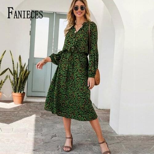 Summer Chiffon Dress Women Leopard Print Boho Beach Dresses Casual Front Button Shirt Dress Long Sleeve Party Dress Vestidos