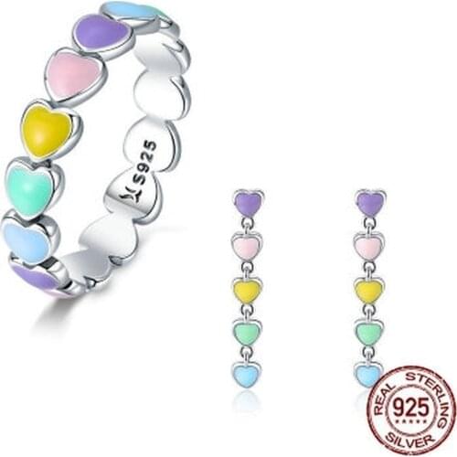 Authentic 925 Sterling Silver Stackable Rainbow Heart Finger Rings for Women Wedding Engagement Ring Jewelry Anel JSCR29444
