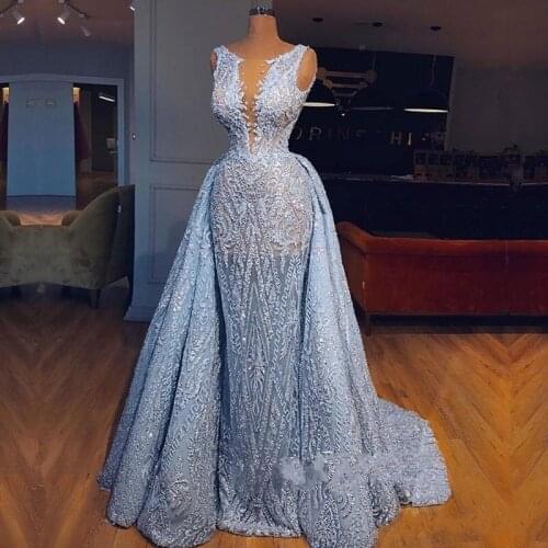 Saudi Arabic Prom Dresses Overskirt robe de soiree Blue Applique Evening Dress Abiye Party Gowns vestidos de festa de noche
