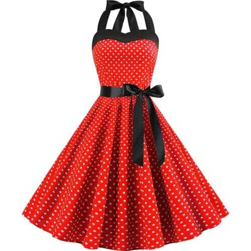 Sexy Retro Red Polka Dot Dress Audrey Hepburn Vintage Halter Dress 50s 60s Gothic Pin Up Rockabilly Dress Plus Size Robe