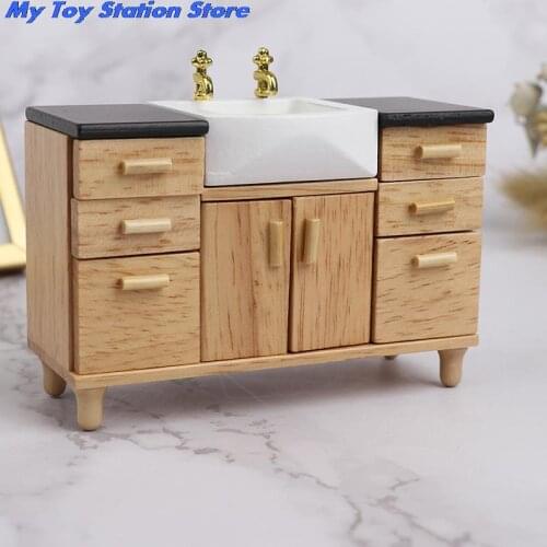 1 Pc 1/12 Dollhouse Miniature Wooden Wash Basin Cabinet Bathroom Furniture ToysDollhouse Bathroom Kitchen Decoration