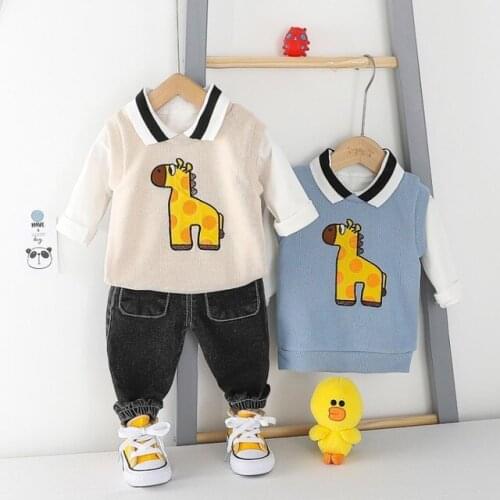 Toddler Boys Clothing Sets Cartoon Giraffe In Knitted Vest Shirt Jeans 3pcs Kids Clothes Spring High Quality Child Suits 2020