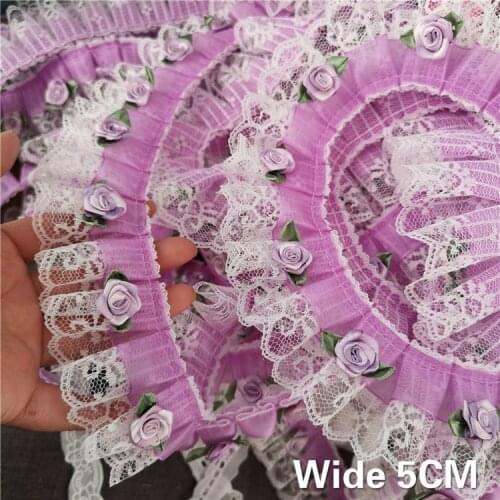 5CM Wide Luxury Purple Tulle Pleated Chiffon Lace Fabric 3D Applique Guipure Ribbon Curtains Prom Dress Wedding Veil DIY Sewing